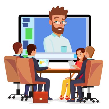 Online Video konferans vektör. Adam ve sohbet. Yönetmen kadrosu ile iletişim kurar. Webinar. İş toplantısı, istişare, seminer, çevrimiçi eğitim kavramı. Düz çizgi film izole illüstrasyon