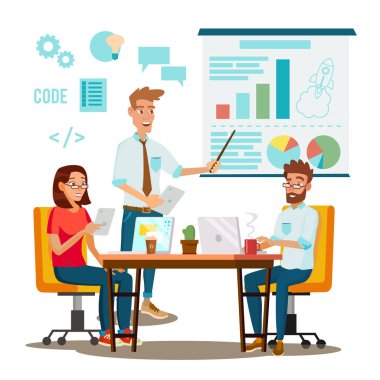 Takım iş beyin fırtınası vektör. Projenin tanıtımı. Yenilik fikri tartışma insanlar. Tasarımcı, programcı. Genel planlama. Düz izole karikatür çizimi