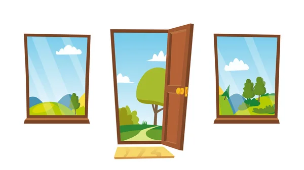 Abrir porta e Windows Vector. Paisagem dos desenhos animados. Vista frontal. Interior da casa. Ilustração plana isolada . —  Vetores de Stock