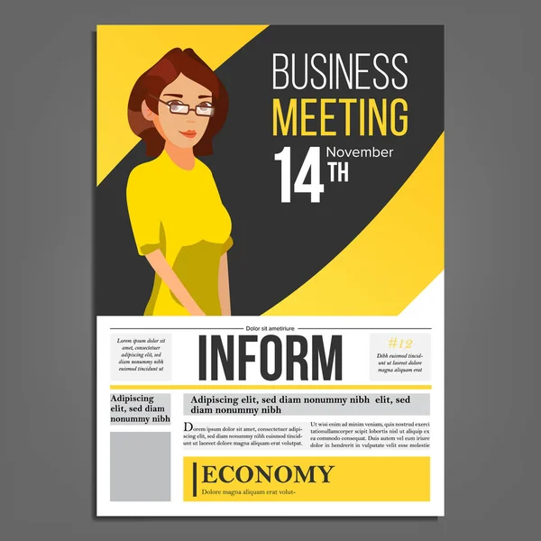 Business Meeting Poster Vector. Business Woman. Layout. Presentation Concept. Corporate Banner Template. A4 Size. Flat Cartoon Illustration