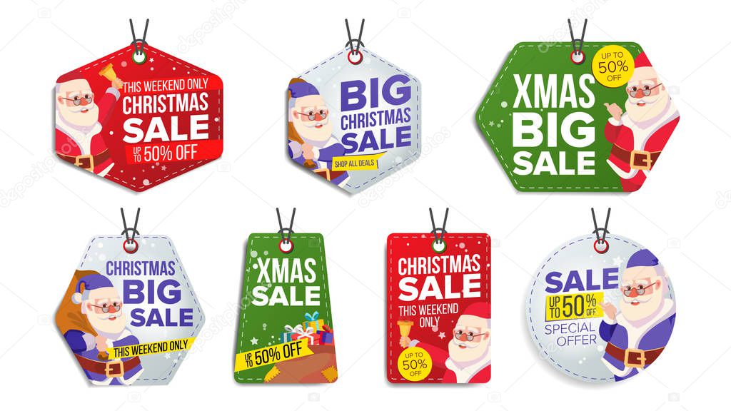 New Year Sale Tags Vector. Colorful Shopping Discounts Stickers. Santa Claus. Discount Concept. Season Christmas Sale Red, Green, Blue Banners. Promotion Illustration