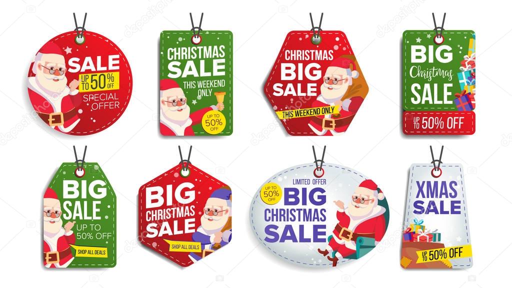 Christmas Sale Tags Vector. Flat Christmas Special Offer Stickers. Santa Claus. 50 Off Text. Hanging Red, Green, Blue Banners With Half Price. Modern Illustration