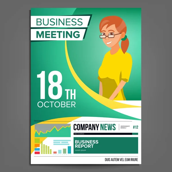 Business Meeting Poster Vector. Business Woman. Invitation For Conference, Forum, Brainstorming. Green, Yellow Cover Annual Report. Marketing, Sales E-commerce. Strategic Planning. Illustration