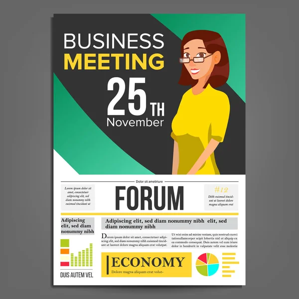 Business Meeting Poster Vector. Business Woman. Invitation And Date. Conference Template. A4 Size. Green, Yellow Cover Annual Report. Teamwork Cooperation. Illustration — Stock Vector