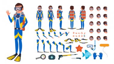 Dalgıç adam vektör. Animasyonlu karakter oluşturma küme. Su altında. Scuba Diver. Dalış snorkeling. Tam uzunluk, ön, yan, arkadan görünüm, pozlar, yüz duygular, jestler. Düz çizgi film illüstrasyon izole