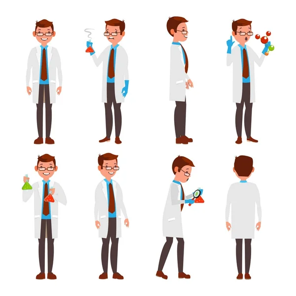 Berufswissenschaftlicher Vektor. moderne junge Arbeiter. Männchen bei der Arbeit im Labor. isoliert auf weißer Zeichentrickfigur Illustration — Stockvektor