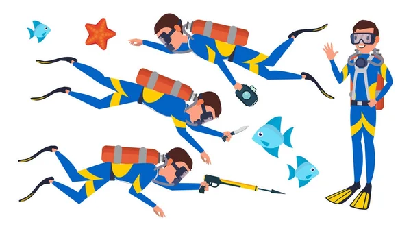 Scuba Diver Vector. Mergulho de mergulho. Subaquático. Ilustração de Personagem de Desenhos Animados Planos Isolados —  Vetores de Stock