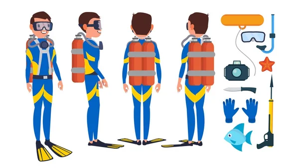 Vetor de Mergulhador. Subaquático. Mergulho no fundo do mar. Ilustração de desenhos animados plana —  Vetores de Stock