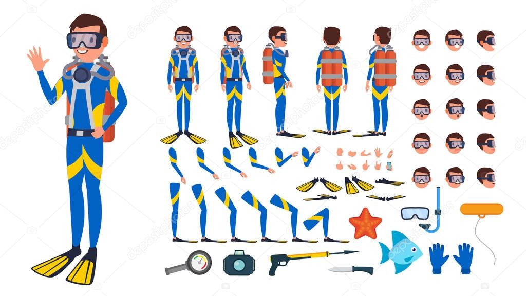 Diver Man Vector. Animated Character Creation Set. Under Water. Scuba Diver. Snorkeling Diving. Full Length, Front, Side, Back View, Poses, Face Emotions, Gestures. Isolated Flat Cartoon Illustration