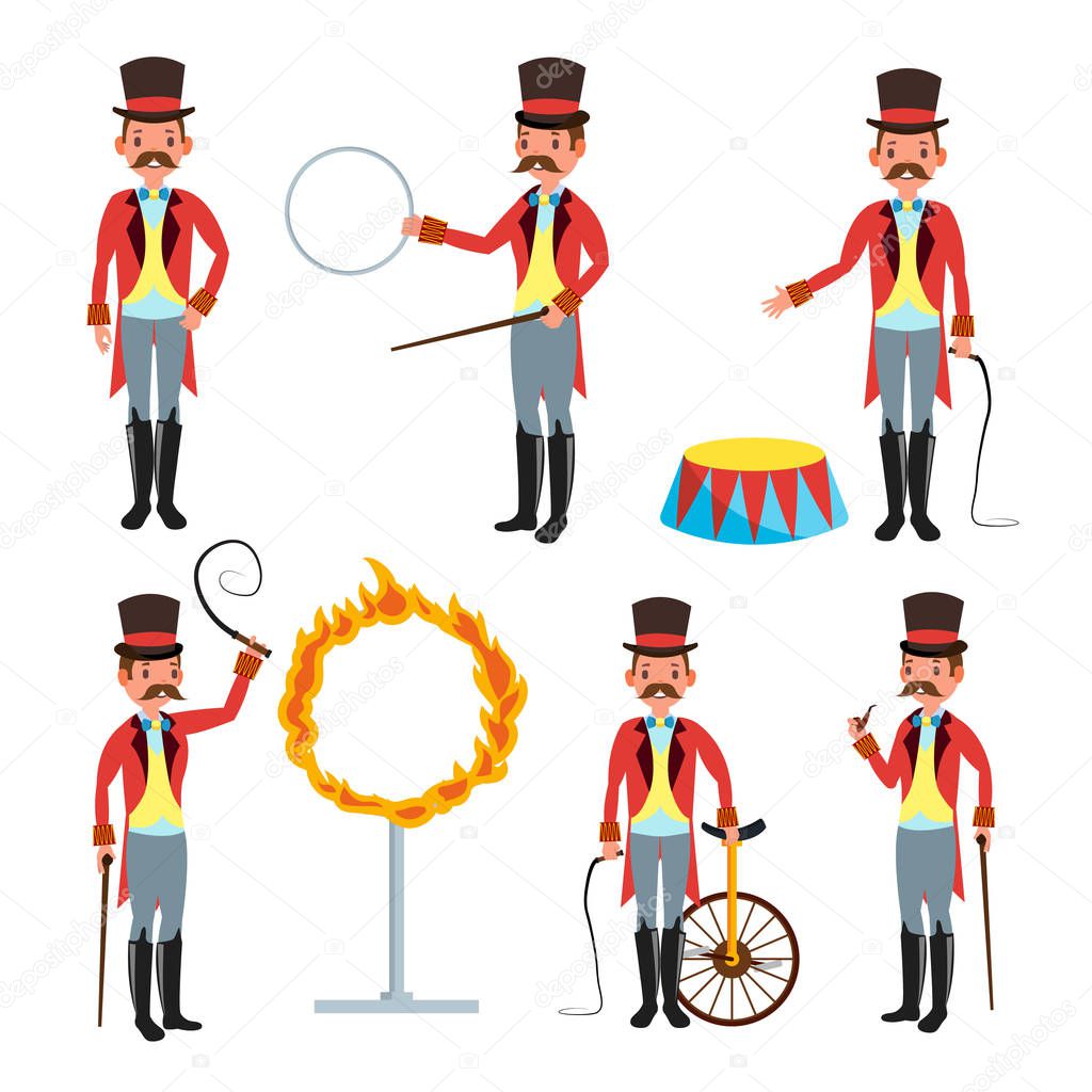 Circus Trainer Vector. Circus Performances Of Trained Animals. Mustache, Red Cloak, Cylinder, Whip. Isolated On White Cartoon Character Illustration