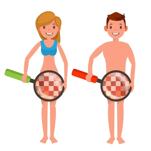 Venereal Disease Check Vector. Naked Man And Woman With Magnifying Glass. Censored Skin. Body Female, Male Impotence Healthcare Venereal Disease Sex Concept. Isolated Flat Cartoon Illustration — Stock Vector