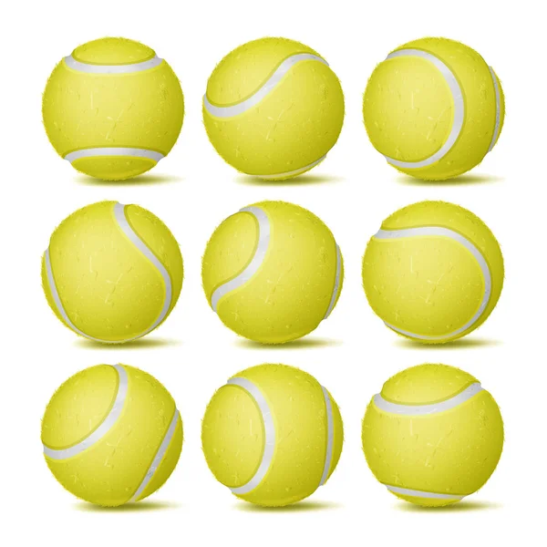 Realistische Tennisball-Set-Vektor. klassischer runder gelber Ball. Unterschiedliche Ansichten. Sportspiel-Symbol. Vereinzelte Illustration — Stockvektor