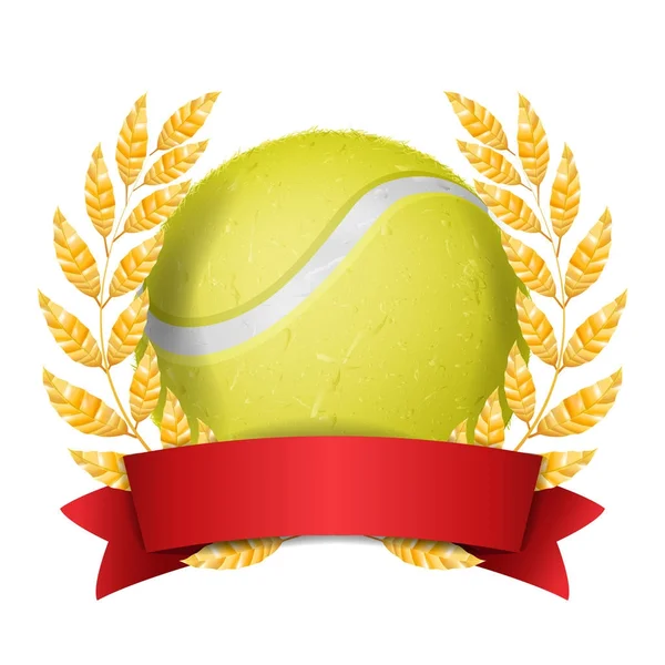 Tennis-Preisvektor. Sportbanner Hintergrund. gelbe Kugel, rote Schleife, Lorbeerkranz. 3D realistische isolierte Illustration — Stockvektor