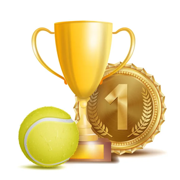 Τένις βραβείο διάνυσμα. Ιστορικό Banner άθλημα. Κίτρινη μπάλα, χρυσός νικητής Κύπελλο τρόπαιο, Χρυσή 1η θέση μετάλλιο. 3D ρεαλιστική απεικόνιση απομονωμένες — Διανυσματικό Αρχείο
