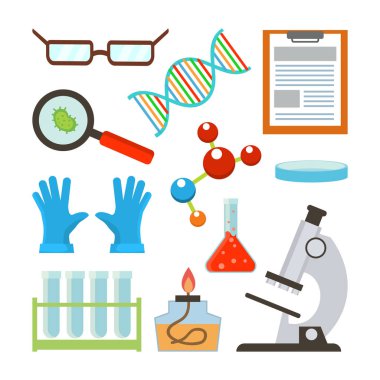 Labaratuar donanımları vektör ayarlayın. Bilim aksesuarları. Gözlük, Dna yapısı, molekül, not defteri, Petri, kase, eldiven, ampul, tüp, mikroskop sınayın. Düz çizgi film illüstrasyon izole