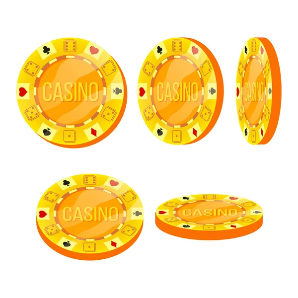 Vector de fichas de poker. Piso, conjunto de dibujos animados. Signo de casino. Gold Poker Game Chips Sign Aislado sobre fondo blanco. Casino juegos de azar Chips ilustración . — Vector de stock