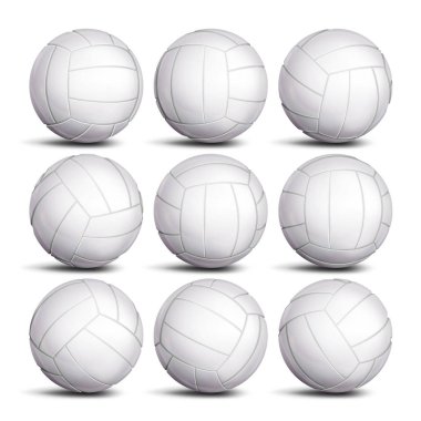 Gerçekçi voleybol topu vektör ayarlayın. Klasik beyaz top yuvarlak. Farklı görünümler. Spor oyun sembolü. İzole illüstrasyon