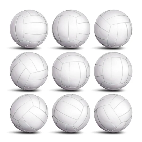Realistické volejbalový míč nastavit vektor. Klasické bílé koule. Různá zobrazení. Sportovní herní Symbol. Izolované ilustrace — Stockový vektor