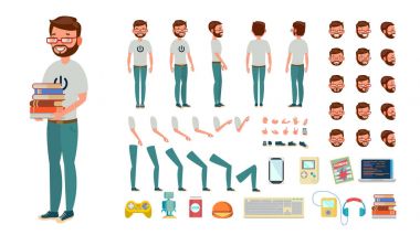 Geek adam vektör. Animasyonlu karakter oluşturma küme. Bilgisayar inek erkek. Tam uzunluk, ön, yan, arkadan görünüm, aksesuarlar, pozlar, yüz duygular, jestler. Düz çizgi film illüstrasyon izole