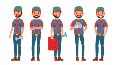 Kamyon sürücüsü karakter vektör. Adam klasik sürücü. Beyaz çizgi film illüstrasyon izole