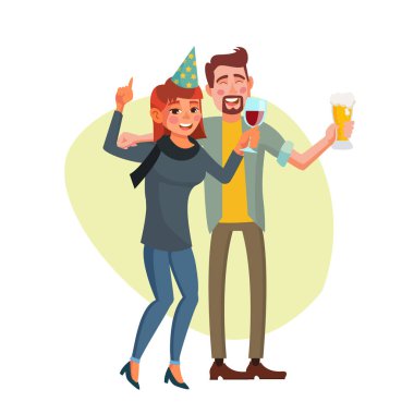 Şirket parti vektör. Sarhoş adam ve kadın gülümsüyor. Rahatlatıcı kutluyor kavramı. Restoran ya da ofis partisinde. İnsanlar dans, eğleniyor. Düz çizgi film karakteri illüstrasyon izole