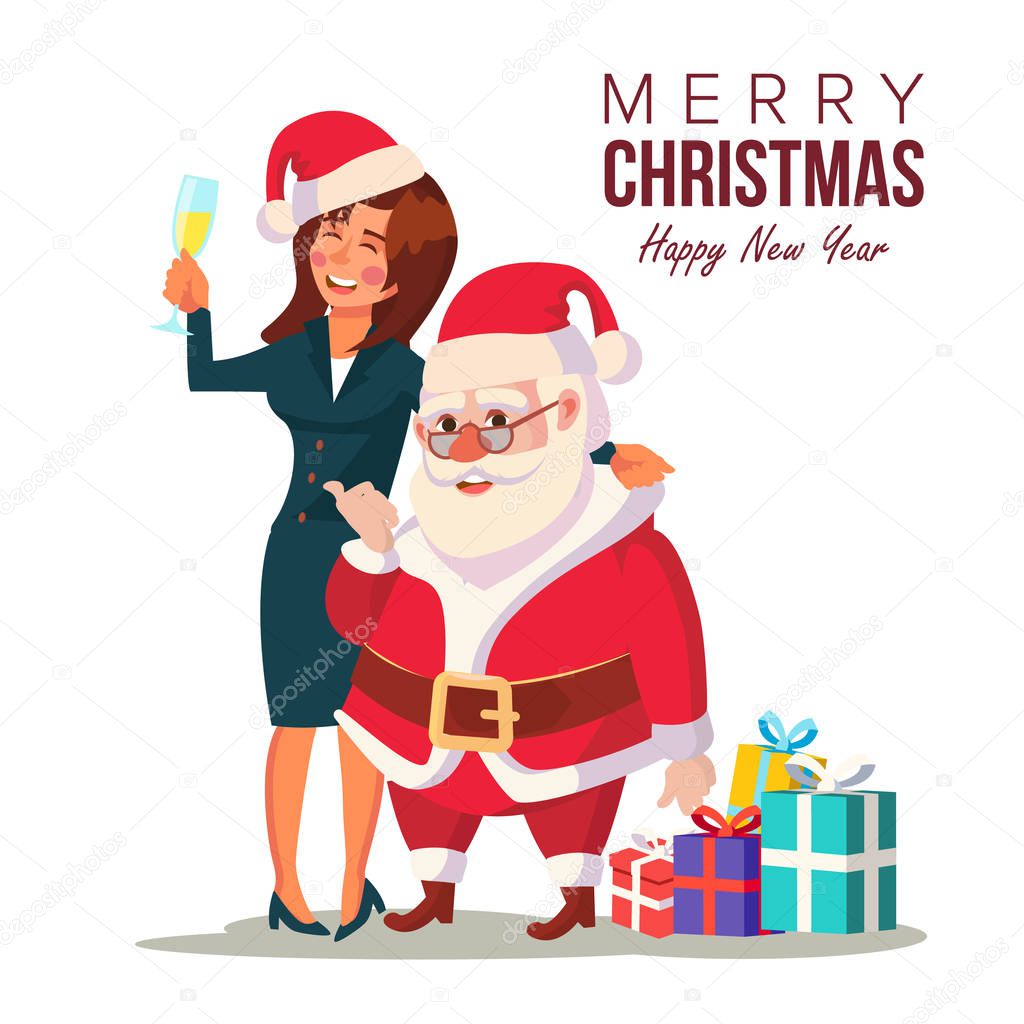 Drunk Woman And Funny Santa Claus Vector. Corporate Christmas Party At Restaurant Or Office. Meet Up Business Party. Celebrating Concept. Isolated Flat Cartoon Character Illustration