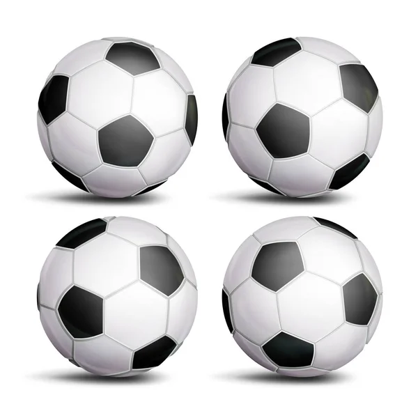 Ρεαλιστικό ποδόσφαιρο μπάλα ορίστε διάνυσμα. Κλασικό στρογγυλή μπάλα ποδοσφαίρου. Διαφορετικές απόψεις. Αθλητισμός παιχνίδι σύμβολο. Απομονωμένη εικονογράφηση — Διανυσματικό Αρχείο