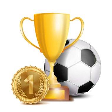 Futbol Ödülü vektör. Spor afiş arka plan. Top, altın kazanan kupa bardak, altın 1. sıra madalya. Futbol topu. 3D gerçekçi izole illüstrasyon