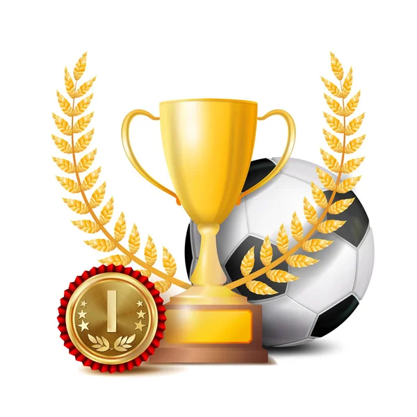 Labdarúgás Achievement Award vektor. Sport Banner háttér. Labda, győztes kupa, arany 1. hely érem. Futball-labda. Reális elszigetelt illusztráció — Stock Vector