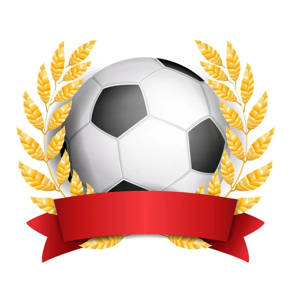 Vettore del Football Award. Sfondo banner sportivi. Palla, nastro rosso, corona di alloro. Pallone da calcio. Illustrazione isolata realistica 3D — Vettoriale Stock
