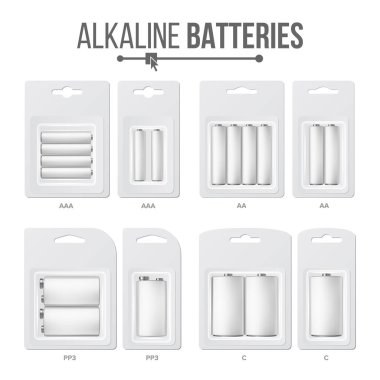 Batteries Packed Set Vector. Different Types AAA, AA, C, D, PP3, 9 Volt. Alkaline Battery In Blister. Realistic Glossy Battery Accumulator. Mock Up For Branding Design. Closeup Isolated Illustration clipart
