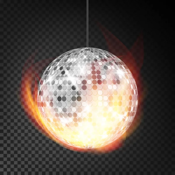 Boule de disco en argent dans le vecteur de feu réaliste. Boule de nuit de danse brûlante. Illustration de fond transparente — Image vectorielle