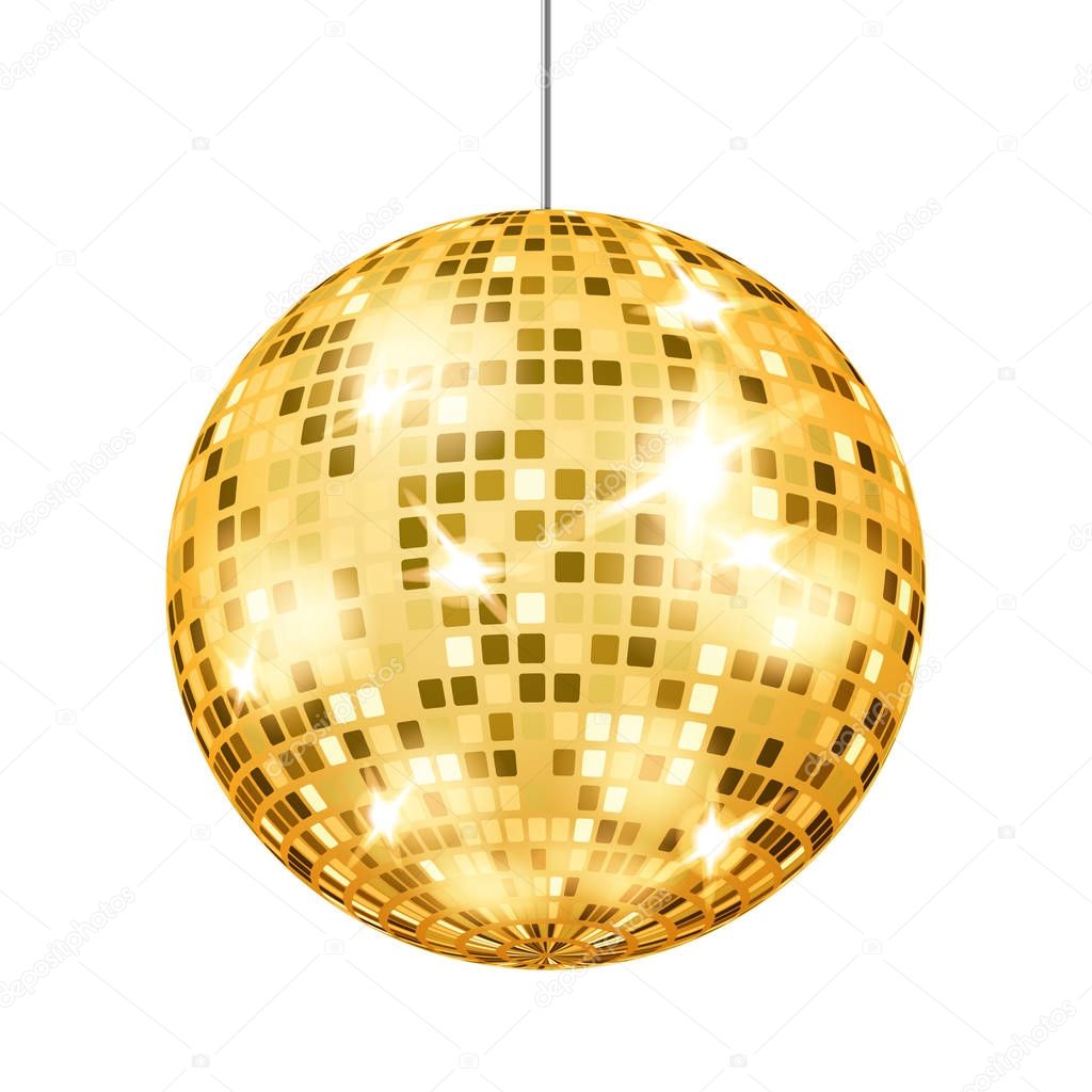 Gold Disco Ball Vector. Dance Club Retro Party Classic Light Element. Mirror Ball. Isolated On White Background Illustration