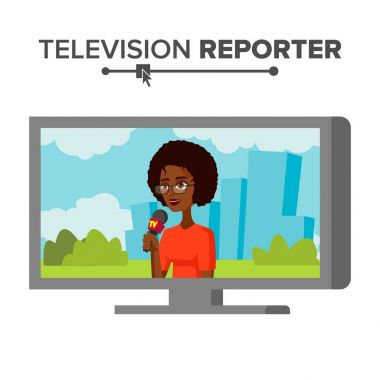 Haber muhabiri vektör. Güzel gülümseyen kadın televizyon muhabiri. Beyaz çizgi film karakteri illüstrasyon izole