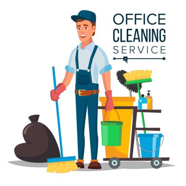 Office Cleaner Vector. Cleaner And Cleaning Equipment. Sweeper The Floor. Cartoon Character Illustration clipart