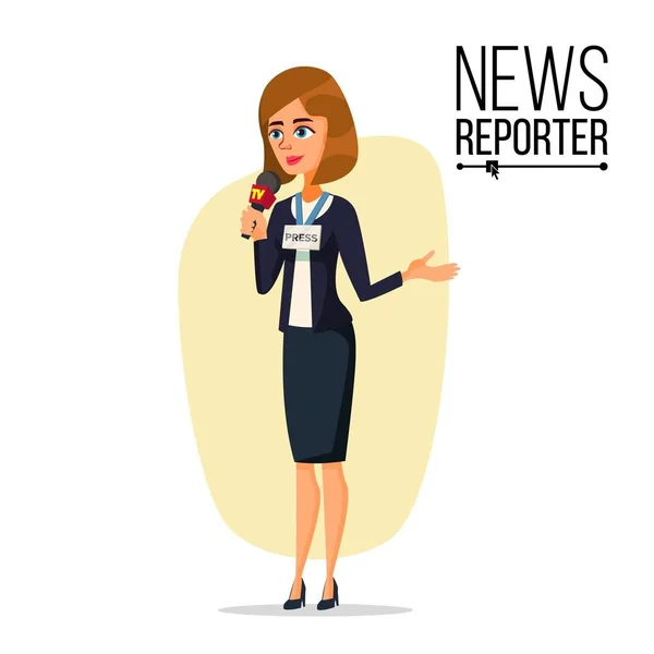 Žena novinářka vektor. Mikrofon. Profesionální novinář izolované ploché kreslený charakter ilustrace — Stockový vektor