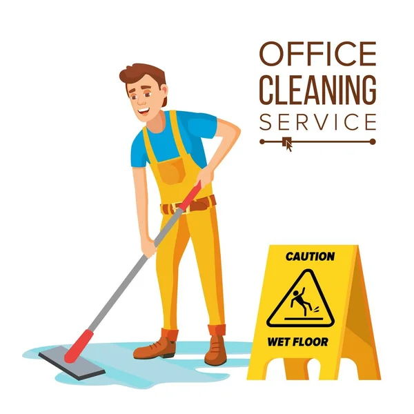 Professional Office Cleaner Vector. Janitor com equipamento de limpeza. Ilustração de desenhos animados plana — Vetor de Stock