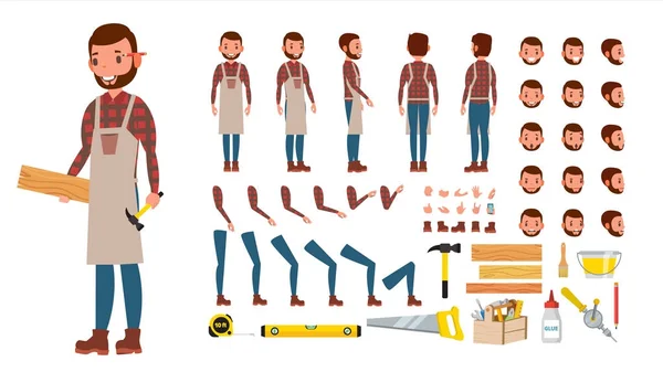 Carpenter Vector. Animated Professional Character Creation Set. Workshop, Wood Work Tool. Full Length, Front, Side, Back View, Accessories, Poses, Emotions, Gestures. Flat Cartoon Illustration — Stock Vector