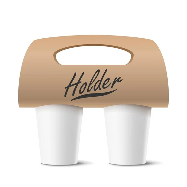 Кофейные чашки Holder Vector. Реалистичный макет. Пустая упаковка для переноски. Две чашки. Горячий напиток. Уведите из кафе Кофейные чашки Холдер Макап. Изолированная иллюстрация — стоковый вектор