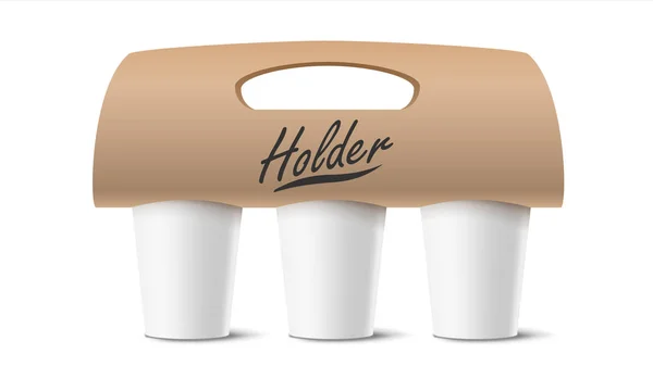 Koffie Cups houder Vector. Realistische Mockup. Lege verpakkingen voor de uitvoering. Drie bekers. Warme drank. Afhaalmaaltijden Cafe koffie Cups houder Mockup. Geïsoleerde illustratie — Stockvector