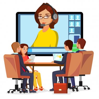 Video toplantı Online vektör. Kadın ve sohbet. CEO ve çalışanlar. İş toplantısı, istişare, konferans Office, seminer, çevrimiçi eğitim kavramı. Düz çizgi film izole illüstrasyon