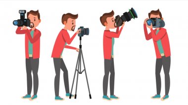 Profesyonel fotoğrafçı vektör. Erkek farklı teşkil etmektedir. Işıklar ve kameralar. Yaratıcı bir meslek. Bir meslek. Tripod ekipman. Düz çizgi film karakteri illüstrasyon izole