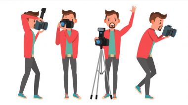 Fotoğrafçı vektör. Modern fotoğraf makinesi. Poz. Tam uzunlukta alarak fotoğraf. Foto muhabiri tasarım. Düz çizgi film illüstrasyon