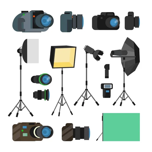 Set de herramientas de fotógrafo Vector. Objetos de fotografía. Equipo fotográfico Elementos de diseño, accesorios. Cámaras digitales modernas, herramientas para la fotografía profesional del estudio. Ilustración plana aislada de la historieta — Archivo Imágenes Vectoriales