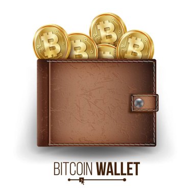 Tam Bitcoin cüzdan vektör. Kahverengi renk. Bitcoin altın sikke. Üstten Görünüm. Mali kavramı. Para ön yüzü. Teknoloji dünya çapında ağ kavramı. Beyaz arka plan illüstrasyon izole