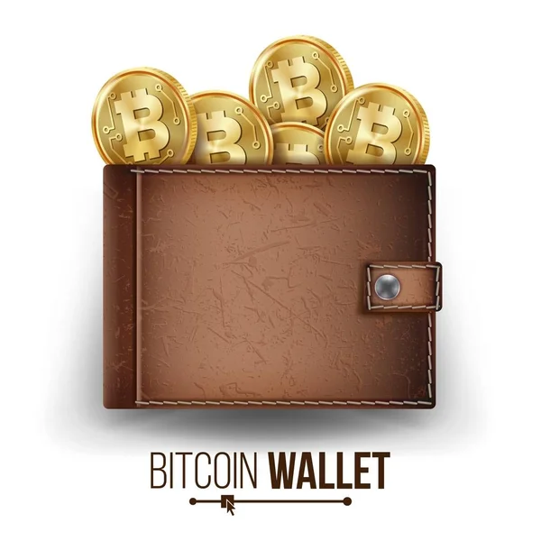 Полный Bitcoin Wallet Vector. Коричневый. Золотые монеты Bitcoin. Вид сверху. Финансовая концепция. Деньги на первом плане. Концепция всемирной сети технологий. Иллюстрация на белом фоне — стоковый вектор