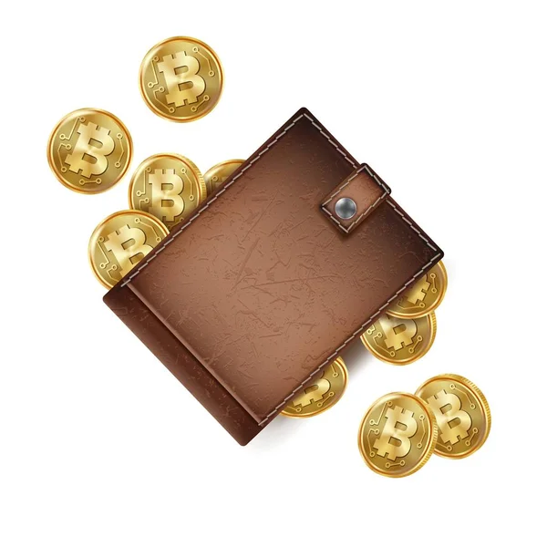 Bitcoin Wallet Vektor. braune Farbe. abstrakte Technologie Bitcoin. Kryptographie finanziert Münzsymbole. Volle Brieftasche. Moderne Brieftasche. Bitcoin-Goldmünzen. Vereinzelte Illustration — Stockvektor