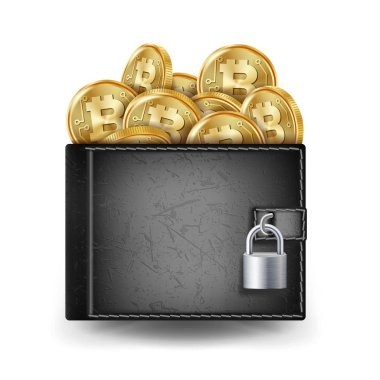Bitcoin tam cüzdan vektör. Siyah renk. Şifreleme Finans Para işareti. Fiziksel Bit sikke. Asma kilit ile kilitli. Para güvenli kavramı. Bitcoin altın sikke. İzole illüstrasyon