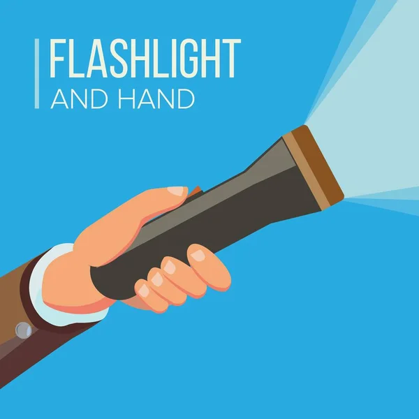 Hand som håller ficklampa vektor. Sök affärsidé. Elektriska Spotlight och koncentrerat ljus. Ljus stråle. Flat Illustration — Stock vektor