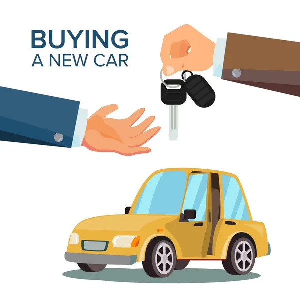 Sdílení aut, pronájem vektoru. Dealer dává klíče řetěz. Majitel auta. Nákup, prodej nebo pronájem auta. Plochý obrázek — Stockový vektor